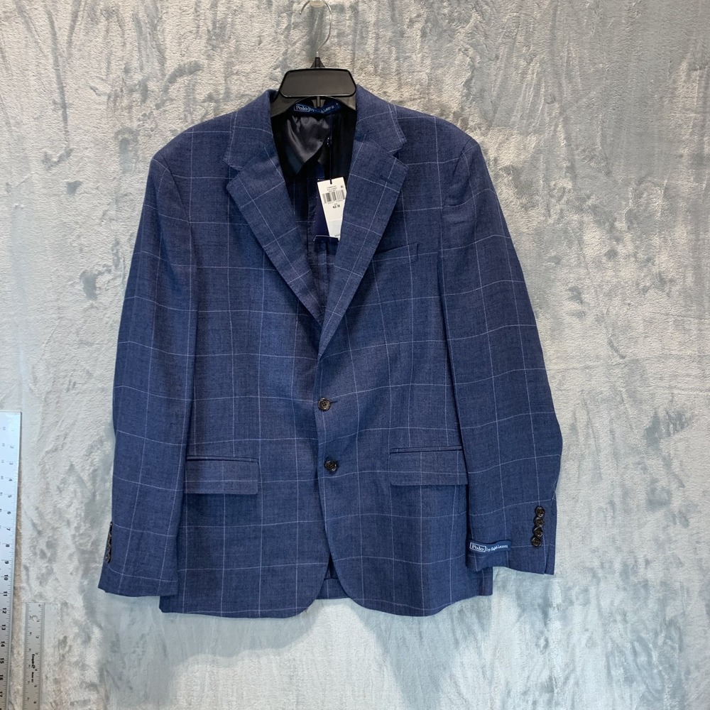 Polo Ralph Lauren Men's Blazer Blue Gray Window Pane Plaid 42R Silk Linen Preppy